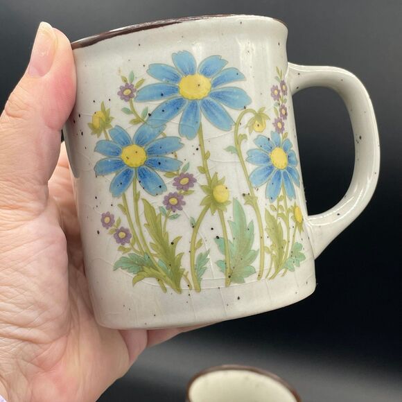 Vintage Otagiri Wildflower Coffee Tea Mugs Japan Yellow & Blue Daisy Speckled - Picture 3 of 7